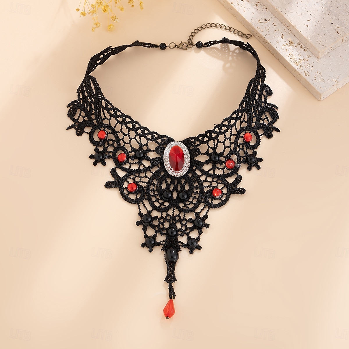 Collana girocollo in pizzo gotico da donna - stile vittoriano vintage nero con pietre preziose rosse e dettagli in perline, elegante gioiello per feste gotiche ed eventi cosplay del 2025 a $11.99 –P7