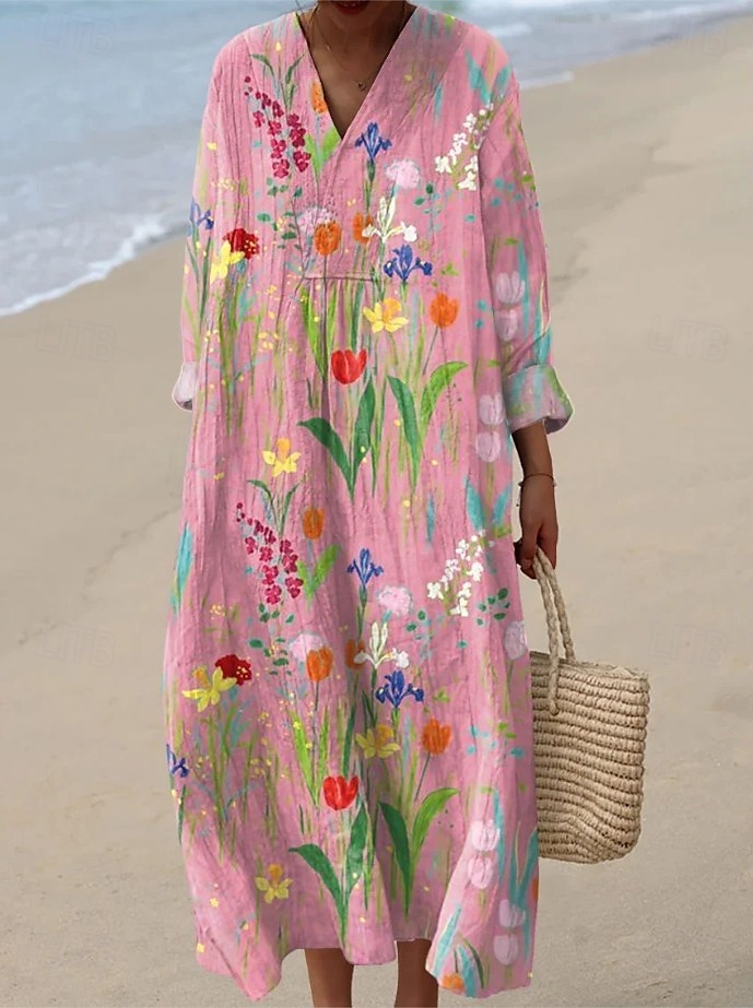Damen Maxikleid Sommerkleid A Linie Kleid Urlaub Lässig Boho Party Ausgehen Strand Blumen Grafik Langarm V Ausschnitt Schwarz Rosa Rote Purpur Sommer Frühling 2025 - $35.99 –P4