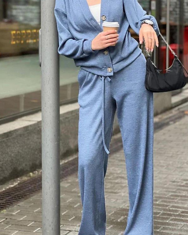 Dames Actief Streetwear Blouse Broeken Sets Lange mouw V-hals Effen Kleur Vakantie Alledaagse kleding Zwart Leger Groen Stoffig blauw Herfst Normale pasvorm 2025 - $24.99 –P9