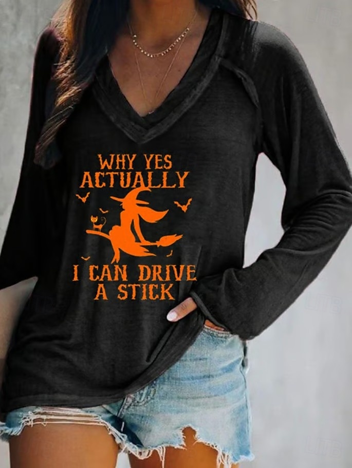 Women's T shirt Witch Long Sleeve V Neck Long Sleeve Graphic Casual Letter Vintage Stylish Western Tops Daily Weekend Vacation Wear Print Black White Pink Navy Blue Blue Spring Fall Prefall 2025 - $22.99 –P7