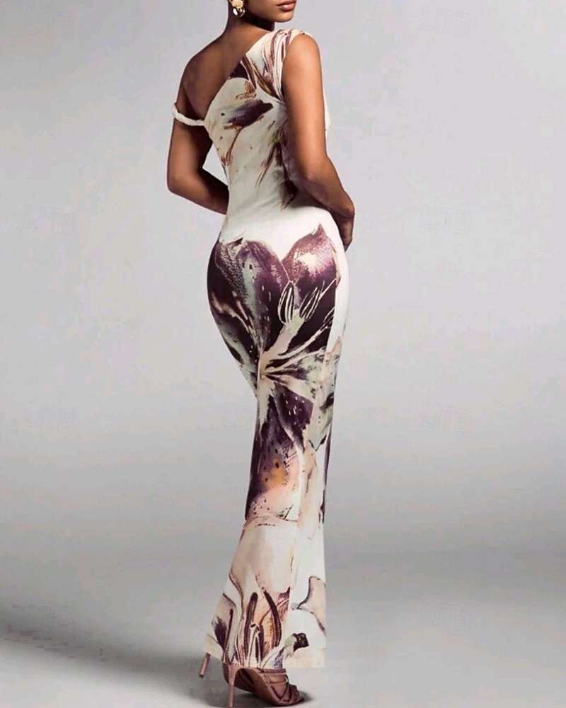 Femmes Robe Longue Maxi Robe Robe Imprimée Mode Extérieur Sortir Week-end Coupe régulière Fleur Sans manches Une Épaule Violet Vert Été de 2025 ? $22.99 –P5