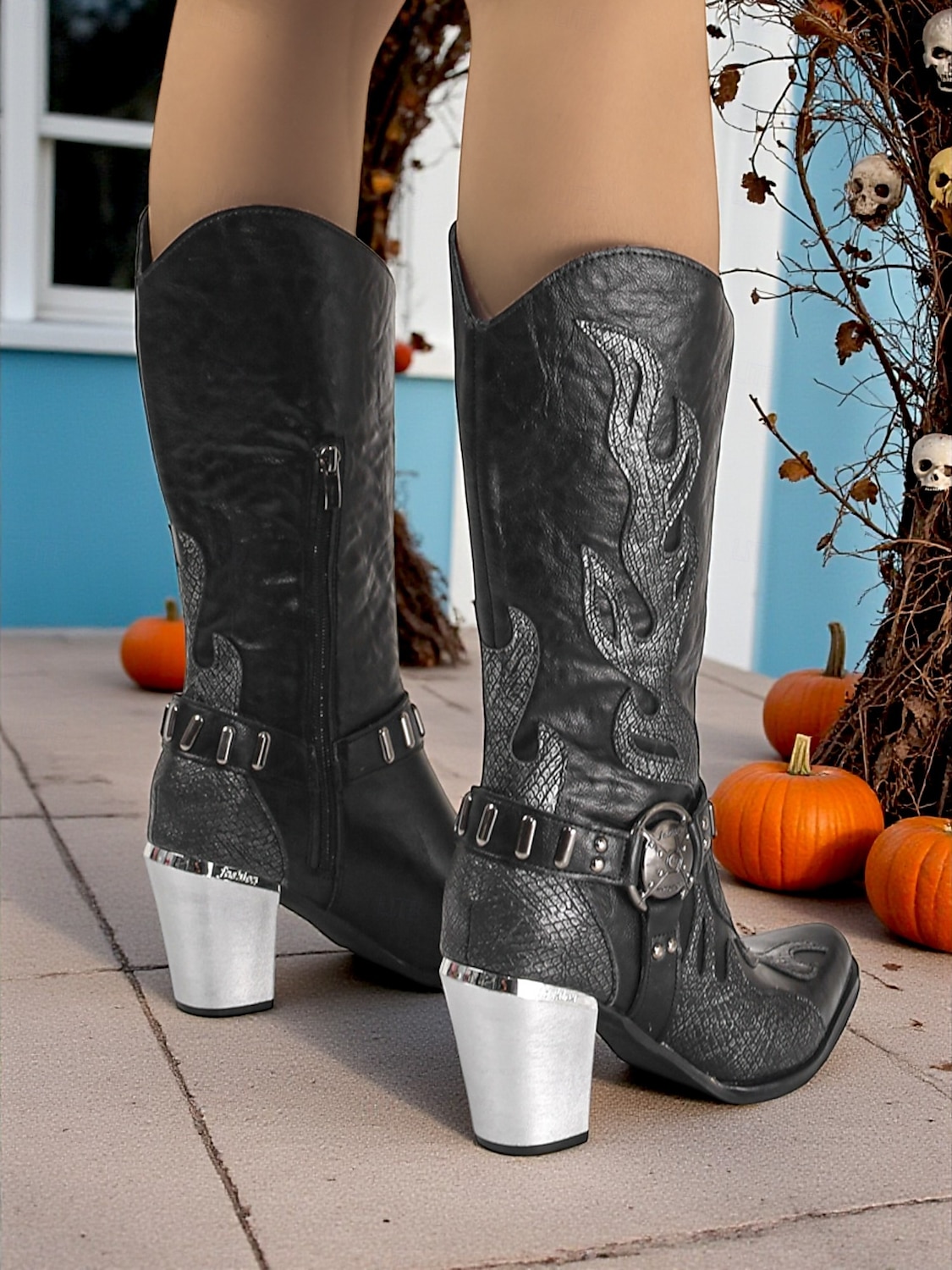 Dámské kovbojské boty v západním stylu s vyšívanými plameny - robustní podpatek, černohnědé gotické boty do půli lýtek na Halloween, hudební festivaly a rodeo. 2025 - $79.99 –P3