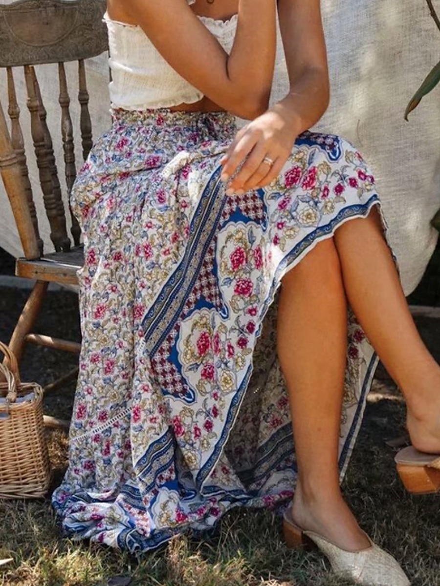 Mujer Falda Línea A Bohemia Casual Maxi Alta cintura Faldas Floral Estampado Microelástico Calle Diario Rojo Albaricoque Verano Poliéster Rayón 2025 - $28.99 –P6
