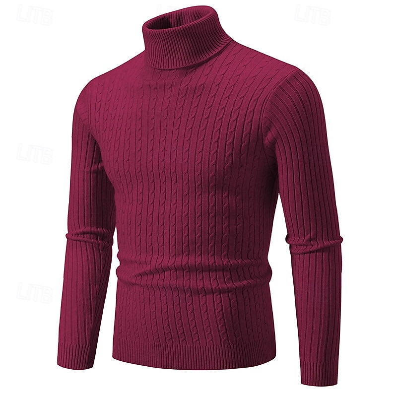 Herr Pullover tröja Stickad tröja Ribbad Sticka Vanliga toppar Stickat Slät Polokrage Mode Grundläggande Semester Dagliga kläder Kläder Höst Vinter Vin Svart S M L 2025 - $21.99 –P7