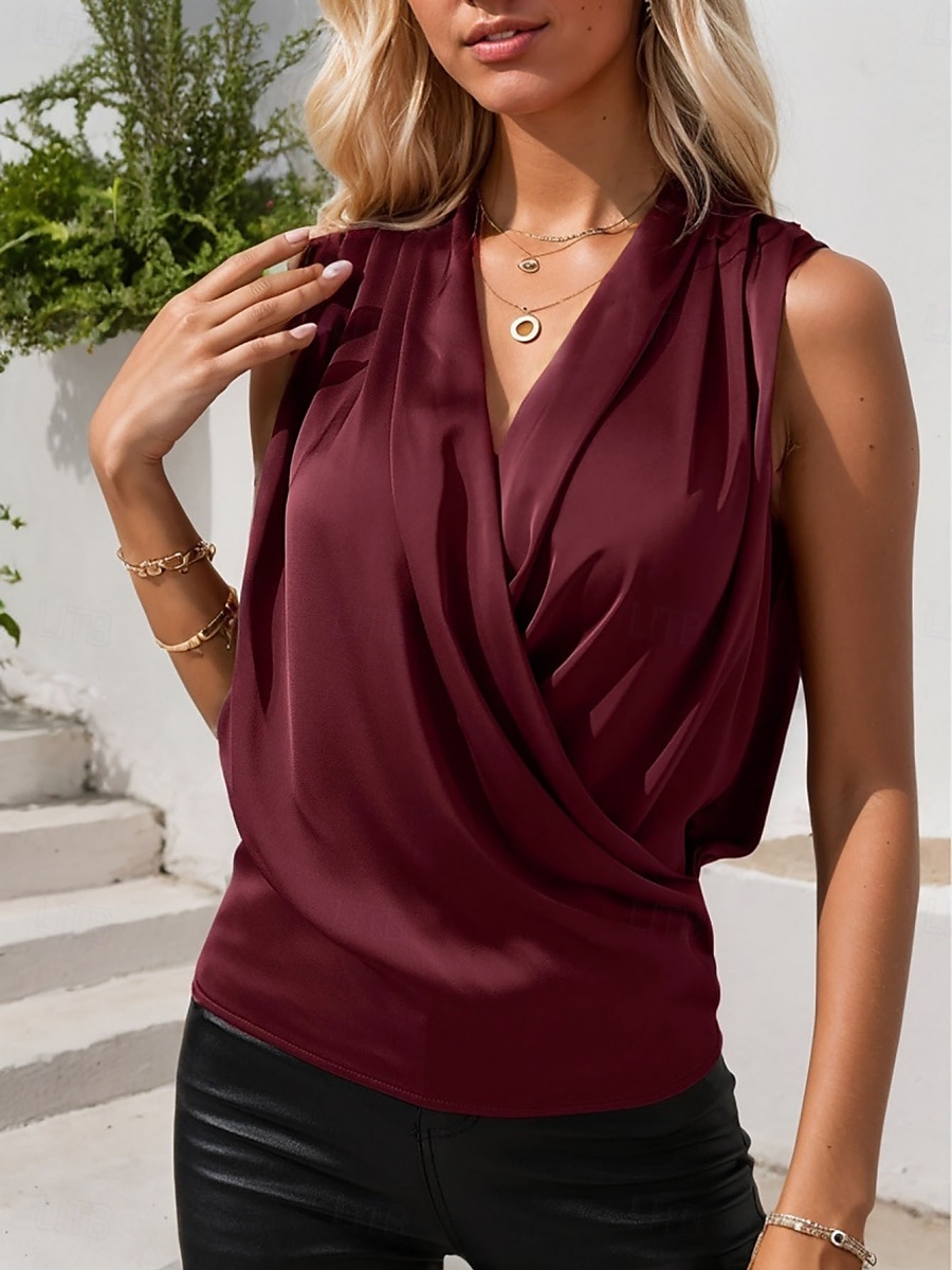 Per donna Canotta a canotta Semplice Elegante Moderno Senza Maniche Scollo a Cascata Top Regolari Quotidiano Ferie Arricciato Vino Blu Verde Estate del 2025 a $23.99 –P3