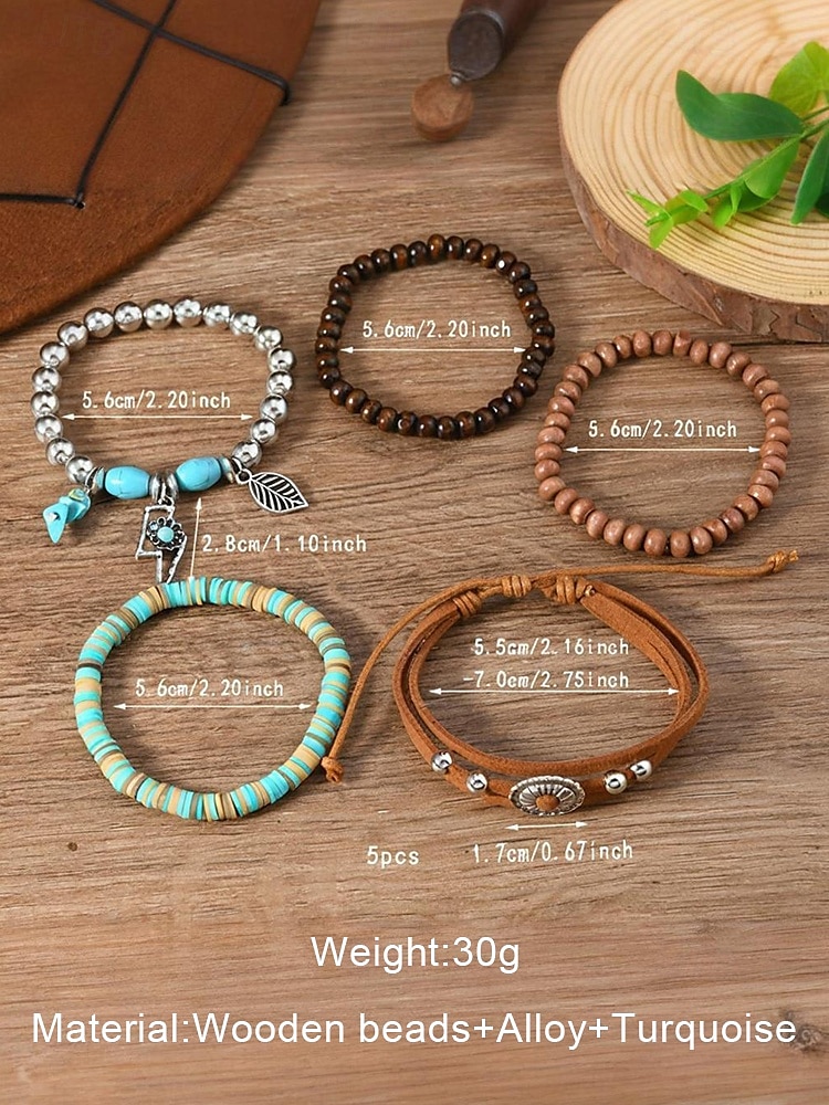 Women's Boho Beaded Layered Charm Bracelet Set – Vintage Style Wooden, Turquoise, and Suede Leather Bracelets with Leaf and Geometric Pendants, Ideal for Casual Wear, Festivals and Beach Vacations 2026 - $9.99 –P7