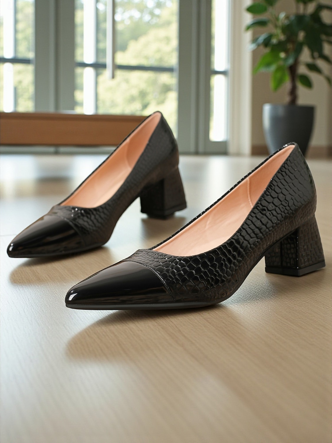 Marineblaue Pumps aus Lackleder mit Blockabsatz für Damen – elegante Schuhe mit Krokodilprägung und spitzer Spitze fürs Büro, Partys und formelle Anlässe 2025 - $42.99 –P1