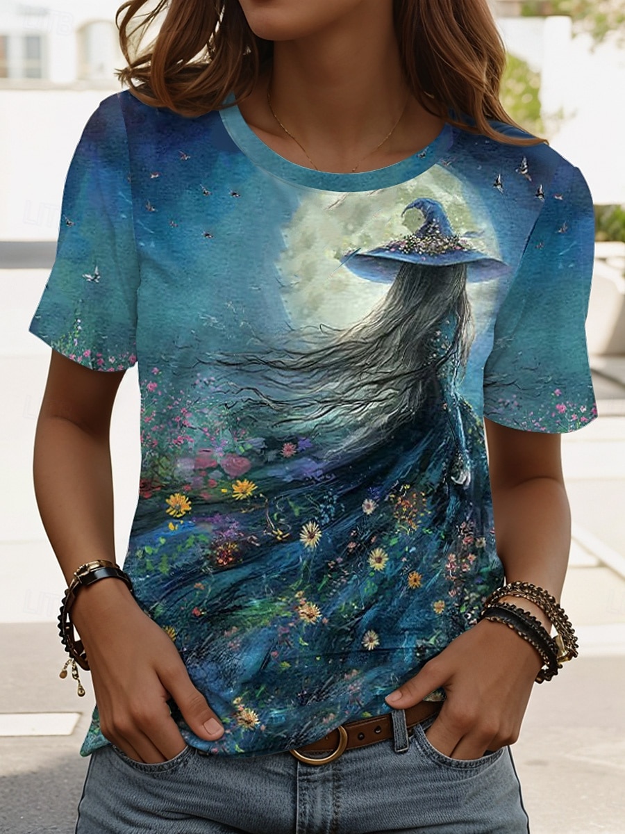 Halloween Pentru femei Tricou Grafic Halloween Epocă Stilat Clasic Manșon scurt Stil Nautic Rotund Topuri obișnuite Zilnic Sfârșit de săptămână Imprimeu Negru Roz Îmbujorat Albastru piscină Albastru 2025 - $19.99 –P4