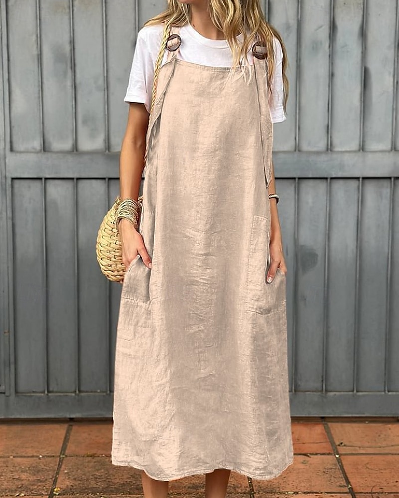 Per donna Abito Midi Abito in cotone e lino Abito Sottoveste Classico Moderno Vacanza Ferie Weekend Vestibilità regolare Semplice Senza Maniche Collo quadrato Nero Bianco Giallo Rosso Estate del 2025 a $25.99 –P6
