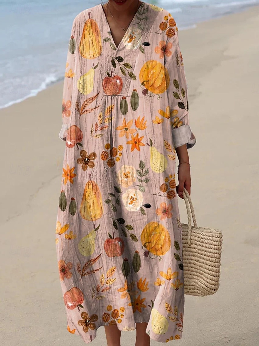 Vestito lungo da donna per Halloween, estivo, a trapezio, per vacanze, casual, stile boho, per uscire, in spiaggia, floreale, grafico, manica lunga, scollo a V, rosa, blu, bianco sporco, estate, del 2025 a $33.99 –P3