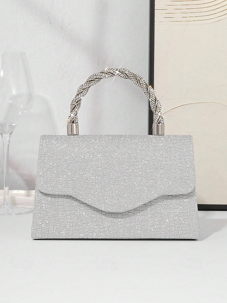 Bolso de mano para mujer con purpurina plateada y asa de diamantes de imitación: elegante bolso de noche para fiestas, bodas y cócteles. 2025 - $24.99 –P4