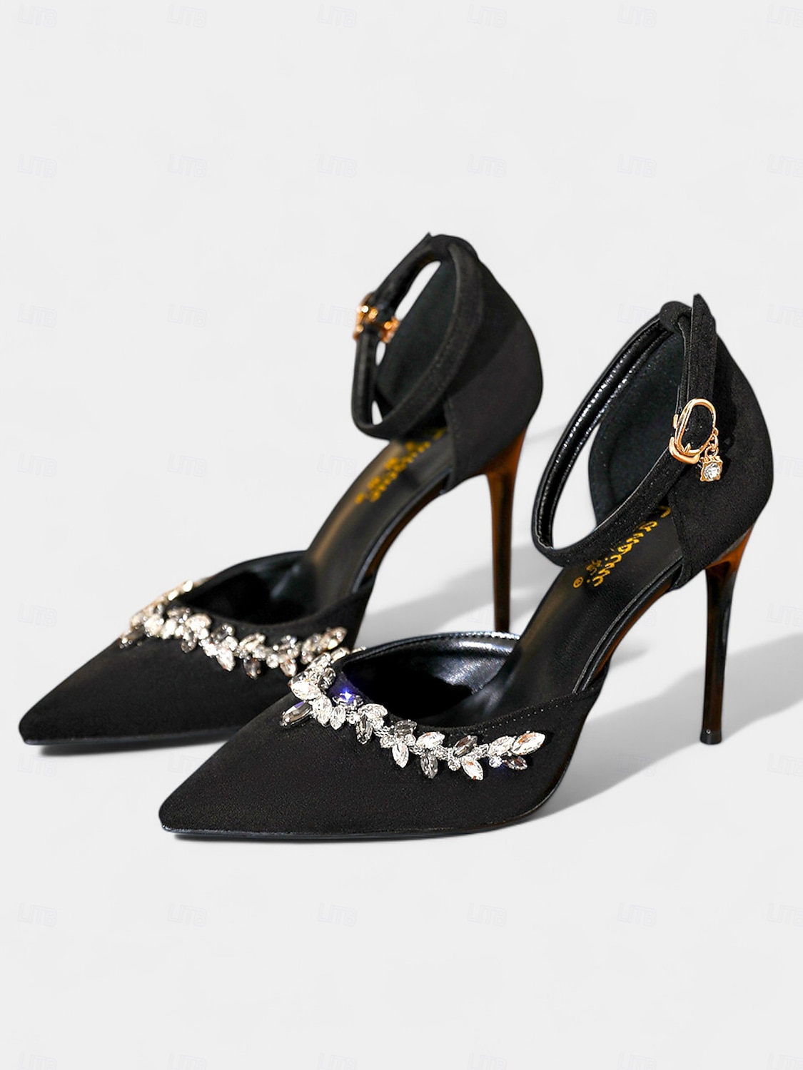 Dámské černé saténové jehlové podpatky se špičatou špičkou, křišťálovými ozdobami a páskem na kotníku - elegantní společenské boty na koktejlové a večerní akce 2026 - $46.99 –P1