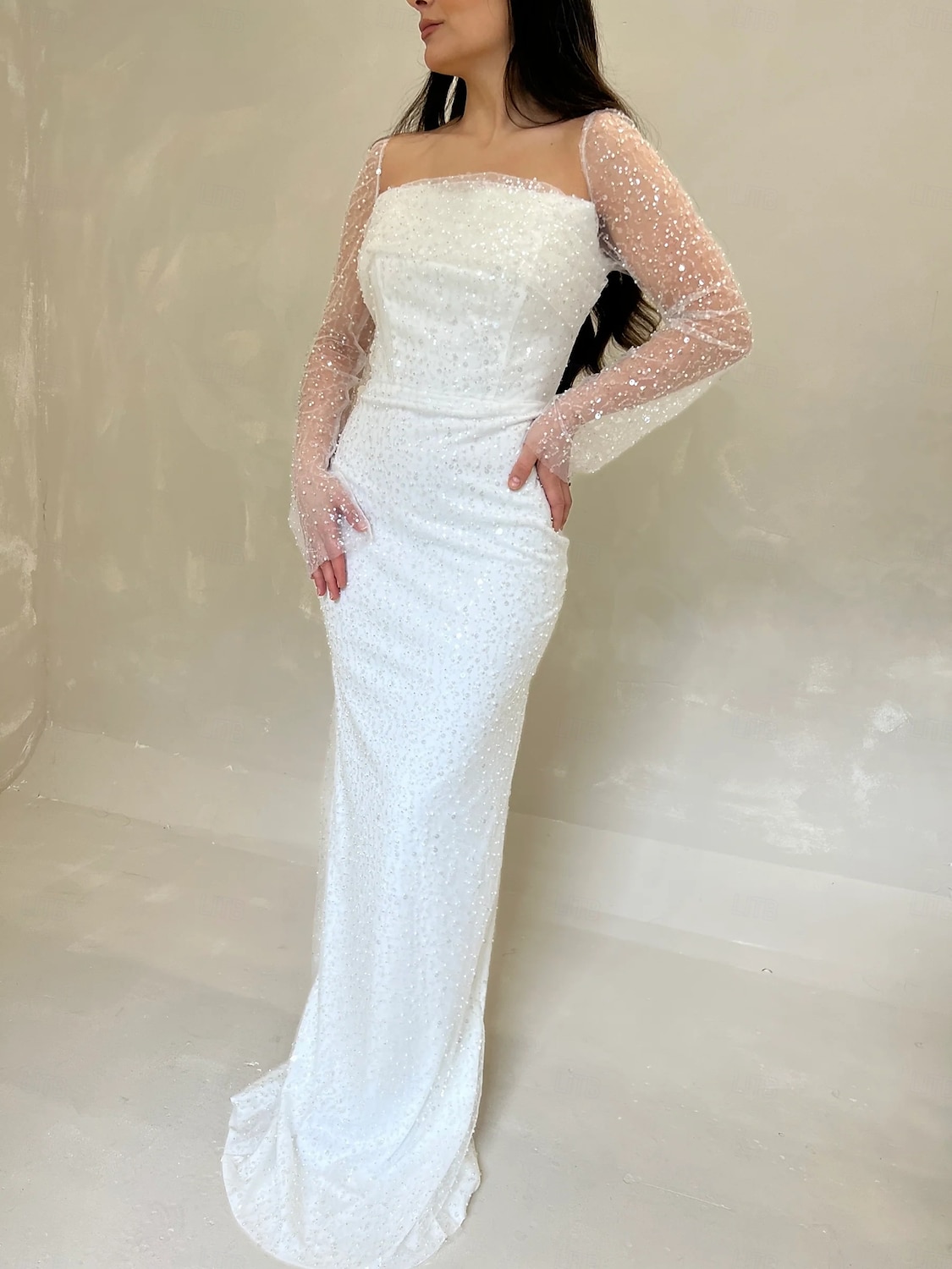 Večerní šaty s flitrovaným sloupcem, elegantní karnevalové formální šaty na zem s dlouhým rukávem, svatební, čtvercový výstřih s třpytkami 2025 2025 - $145.99 –P6