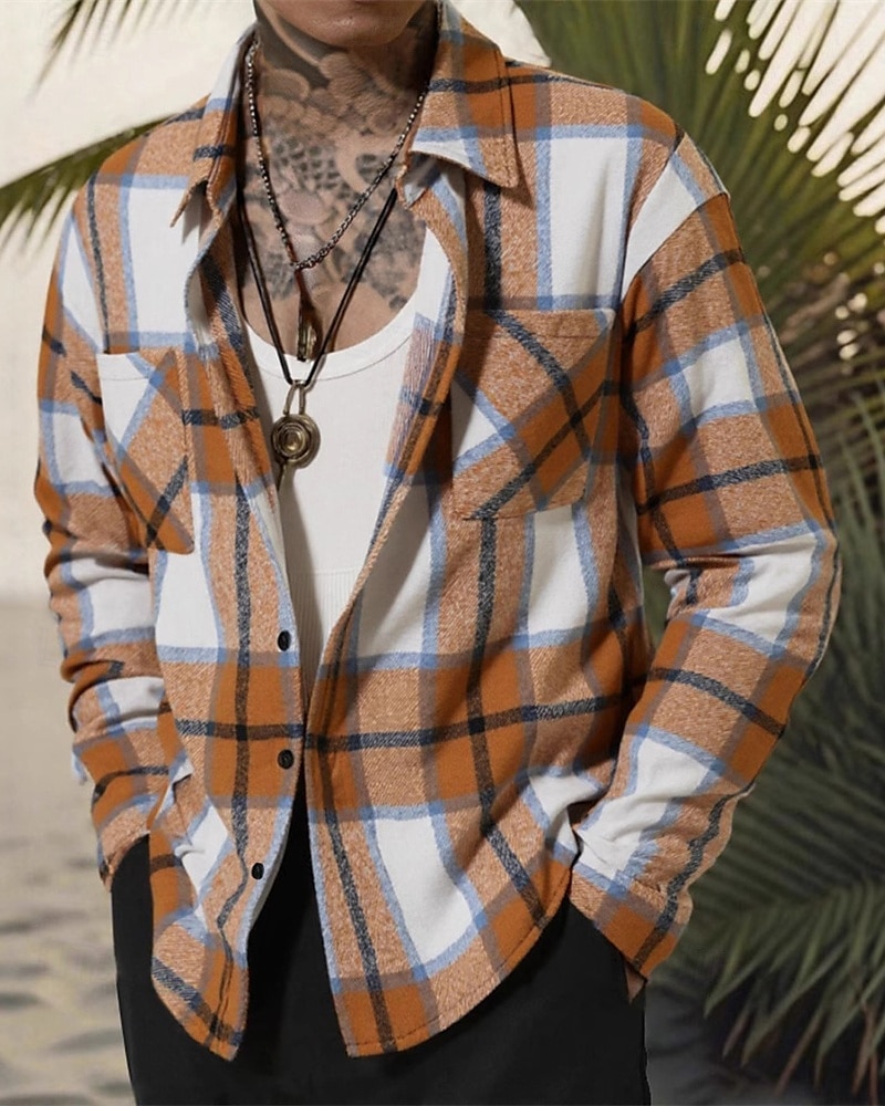 Herren Leichte Jacke Hemdjacke Freizeitjacke Jacke-Shirt Urlaub Täglich Atmungsaktiv Tasche Frühling Herbst Karomuster Mode Klassisch Revers Regulär Blau Khaki Jacken 2025 - $20.99 –P8