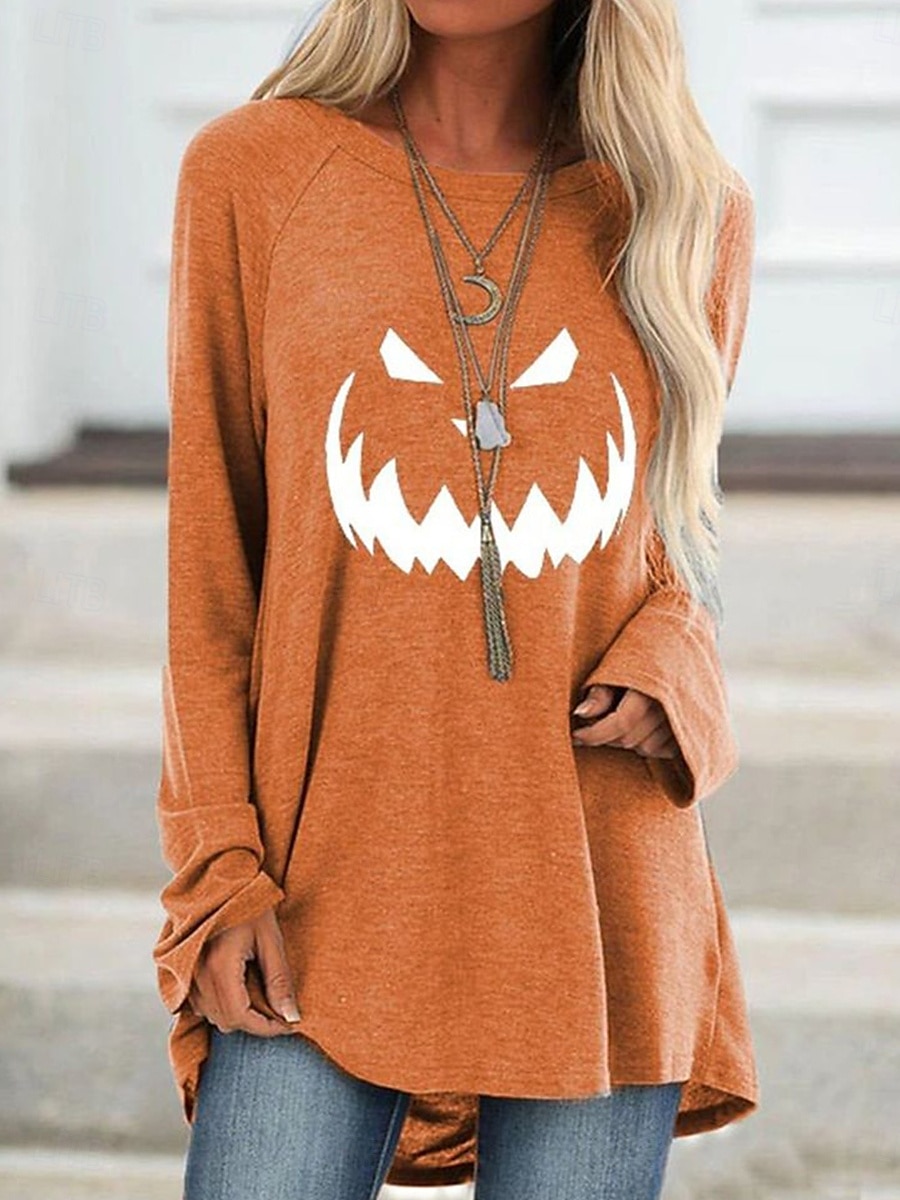 Halloween Dame T skjorte Grafisk Halloween Årgang Stilfull Fritid Langermet Crew-hals Lange topper Daglig Trykt mønster Svart Hvit Gul Oransje Vår Høst 2025 - $24.99 –P4