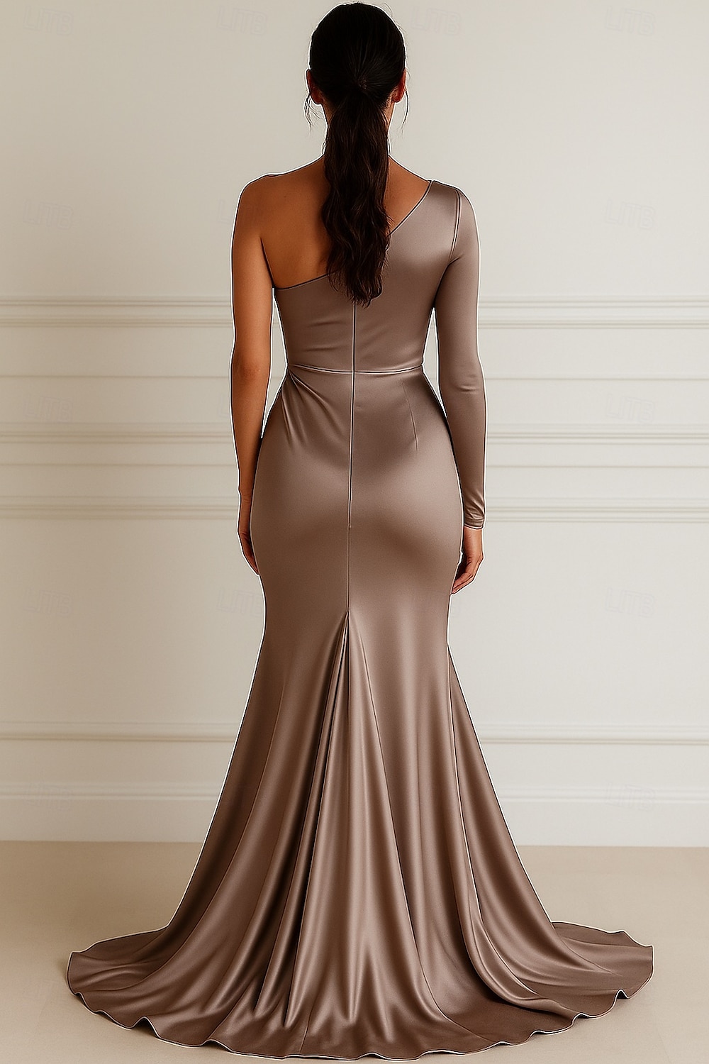 Sirena / Tromba Abito da Sera Elegante Vestito Formale Matrimonio Lunghezza al pavimento Manica Lunga Monospalla Vestito Rosa Raso Elasticizzato con Pieghe 2025 del 2025 a $139.99 –P2