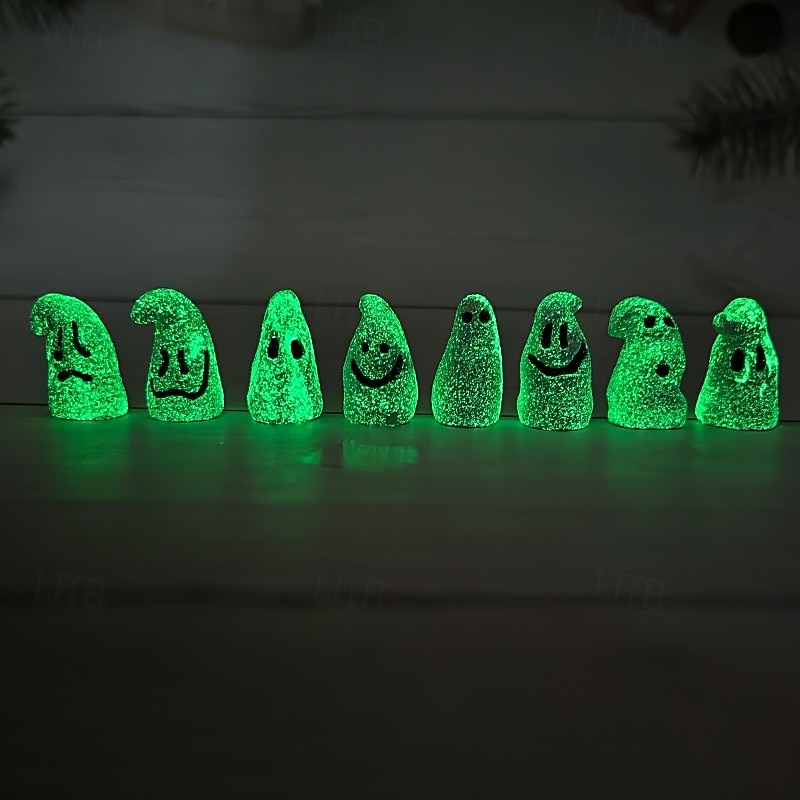2025年 ハロウィーンの暗闇で光るミニゴーストフィギュア8個、ハロウィーン樹脂ゴーストデコレーション、不気味なシーン、パーティーデコレーション、お化け屋敷、卓上ホームディスプレイ用の光る白いゴーストオーナメント。  コレクション – $10.99 –P4