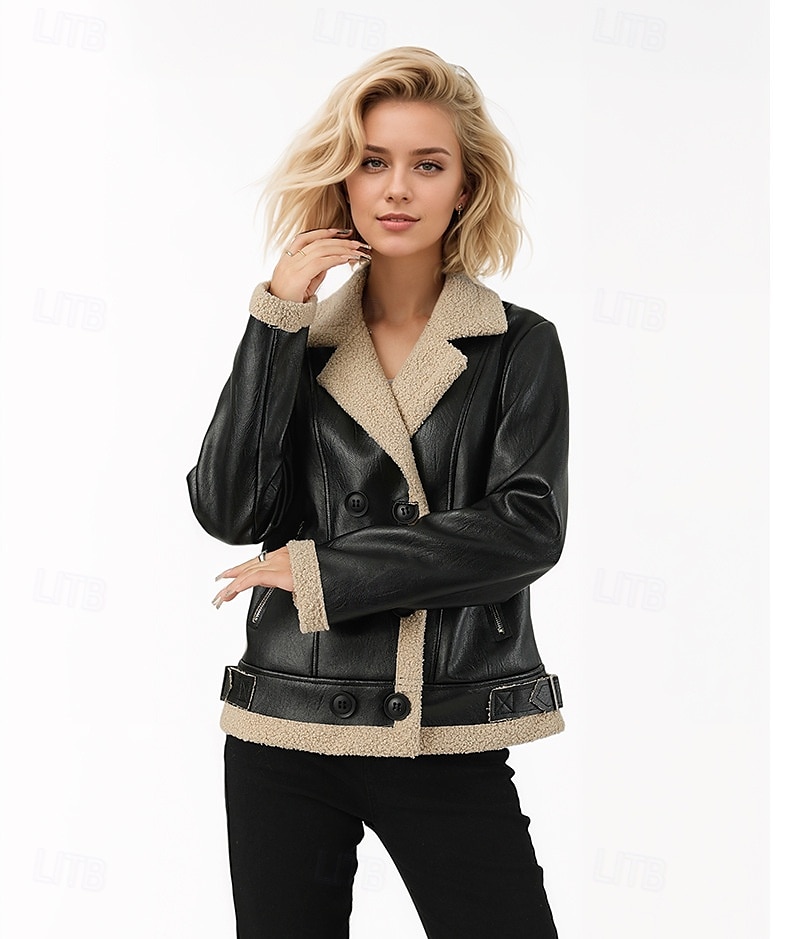 Femmes Veste en Similicuir Veste en Polaire Chaud Fermeture éclair Avec Poches Boutons ancien Mode Occasionnel Uni Rue Occasionnel Tenue quotidienne Court Revers Cranté Coupe régulière manche longue de 2025 ? $52.99 –P4