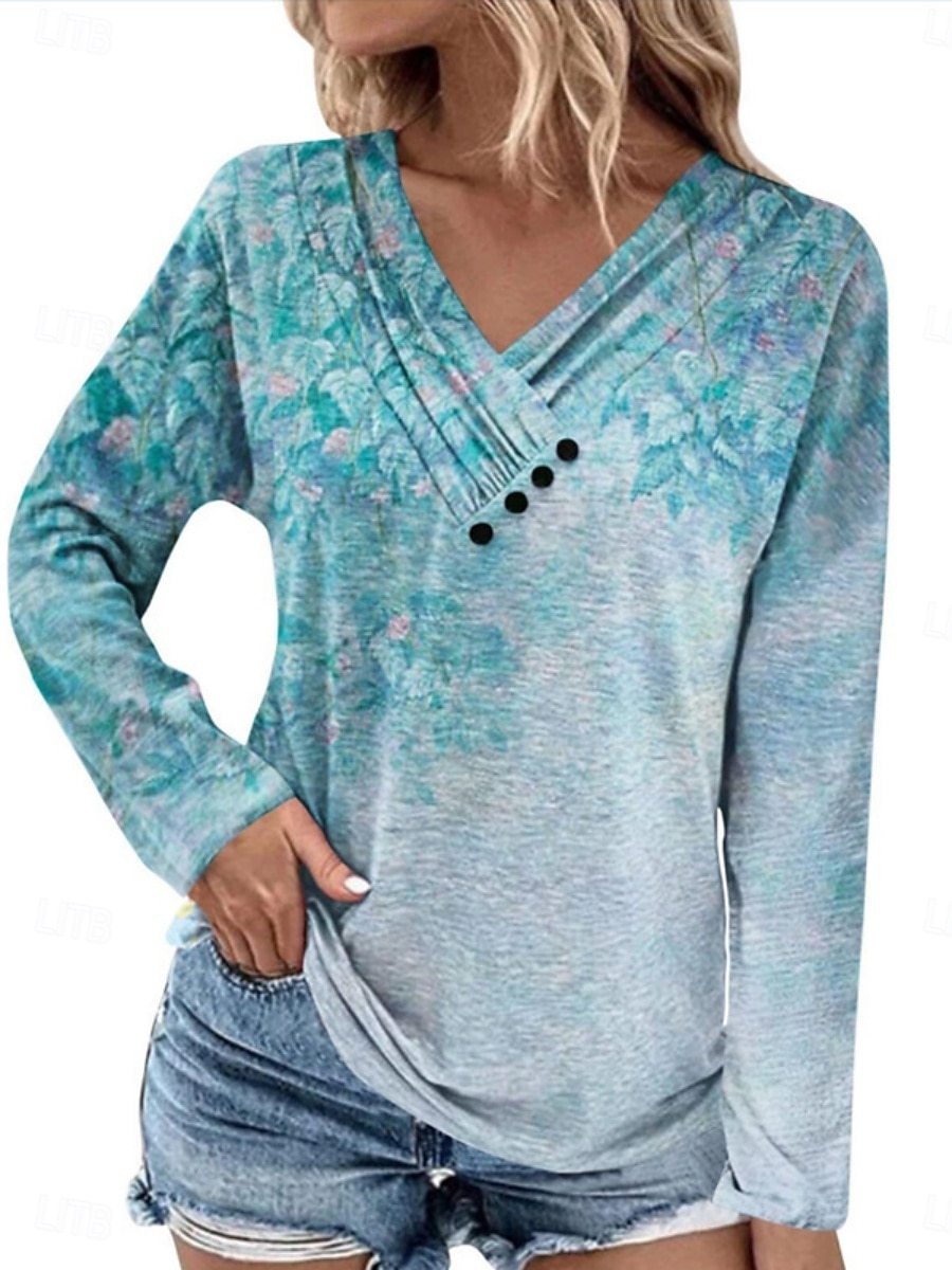 Women's Blouse Buttons Print Floral Stylish Modern Long Sleeve V Neck Regular Tops Daily Holiday Light Green Royal Blue Gray Light Blue Summer Spring Fall 2026 - $23.99 –P4