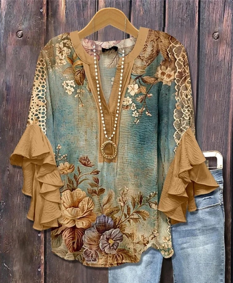 Paște Pentru femei Bluză Floral Grafic Elegant Boemia Έθνικ Lungime Manșon 3/4 În V Topuri obișnuite Zilnic Concediu Îmbrăcăminte de vacanță Bufantă Imprimeu Galben Roz Îmbujorat Maro Deschis 2025 - $29.99 –P3