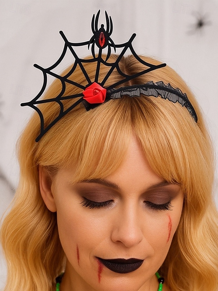 Serre-tête d'Halloween en toile d'araignée pour femme – Dentelle noire gothique avec motif rose rouge et araignée, polyester léger et plastique, parfait pour les fêtes costumées et le cosplay de 2025 ? $9.99 –P2