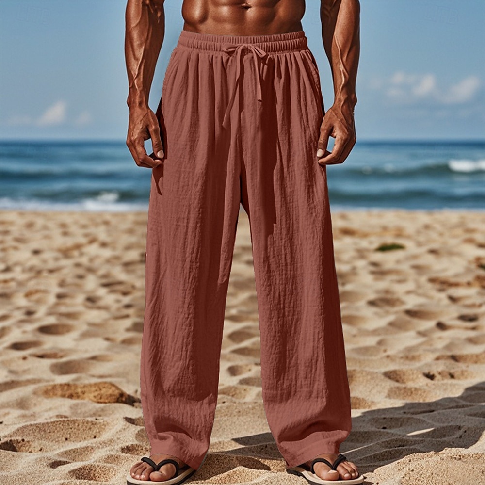 Men's Linen Pants Trousers Summer Pants Baggy Pants Beach Pants Elastic Waist Drawstring Straight Leg Plain Comfort Breathable Full Length Casual Daily Holiday Vacation Fashion White Pink Inelastic 2025 - $20.99 –P6