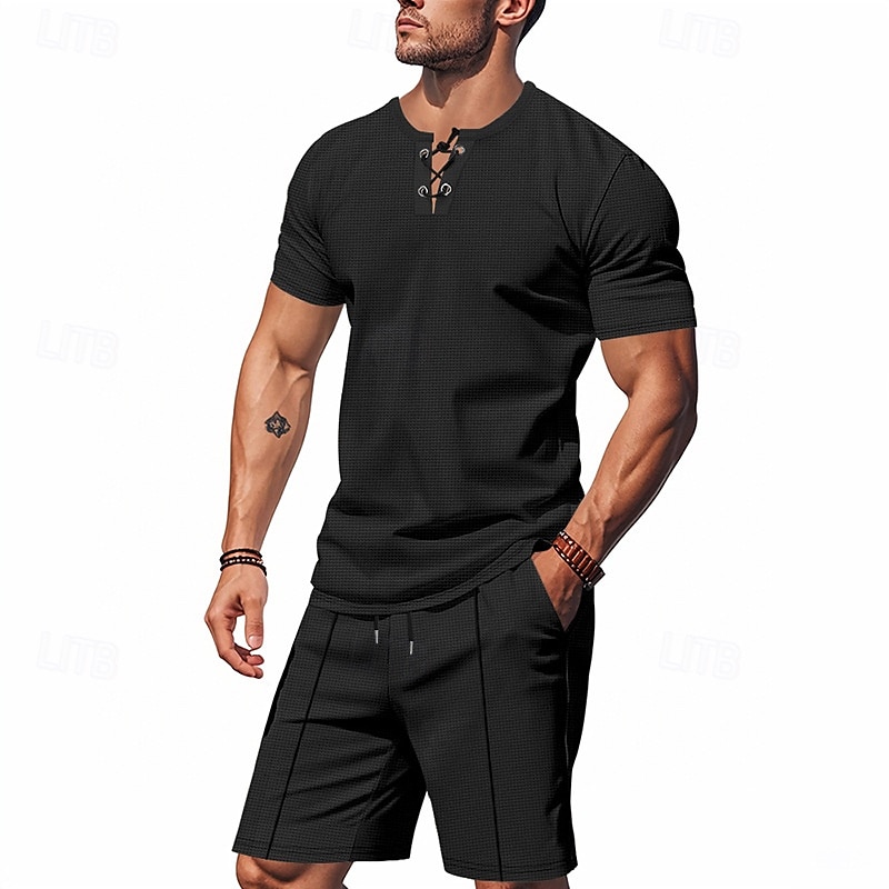 Per uomo Camicia a nido d'ape Completi T-shirt Outfit 2 pezzi Maglietta e pantaloncini Manica Corta Scollo a V Estate Semplice Moda Casual Allacciato 2 Pezzi Vacanza Abbigliamento quotidiano Uscire del 2025 a $28.99 –P13