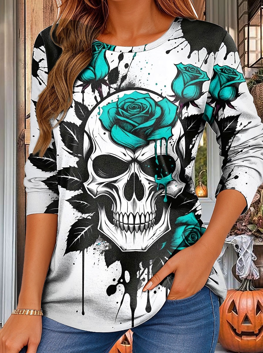 Halloween Dame T skjorte Grafisk Hodeskaller Rose Årgang Stilfull Klassisk Langermet Crew-hals Vanlige topper Daglig Trykt mønster Rød Lilla Oransje Grønn Vår Høst 2025 - $22.99 –P3
