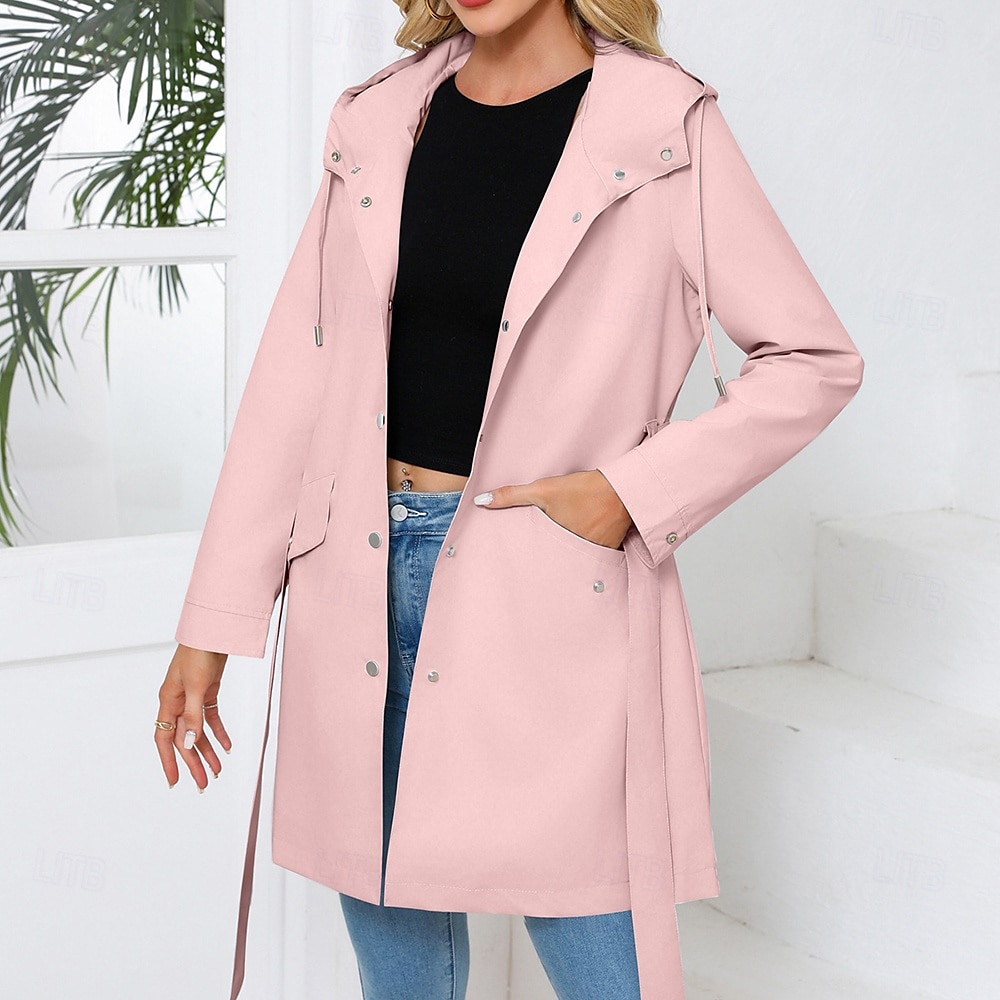 Women's Coat Waterproof Comfortable Pocket Buttons Fashion Street Style Plain Outdoor Casual Daily Long Hooded Regular Fit Long Sleeve Outerwear Black White Pink Spring Fall 2025 - $43.99 –P6