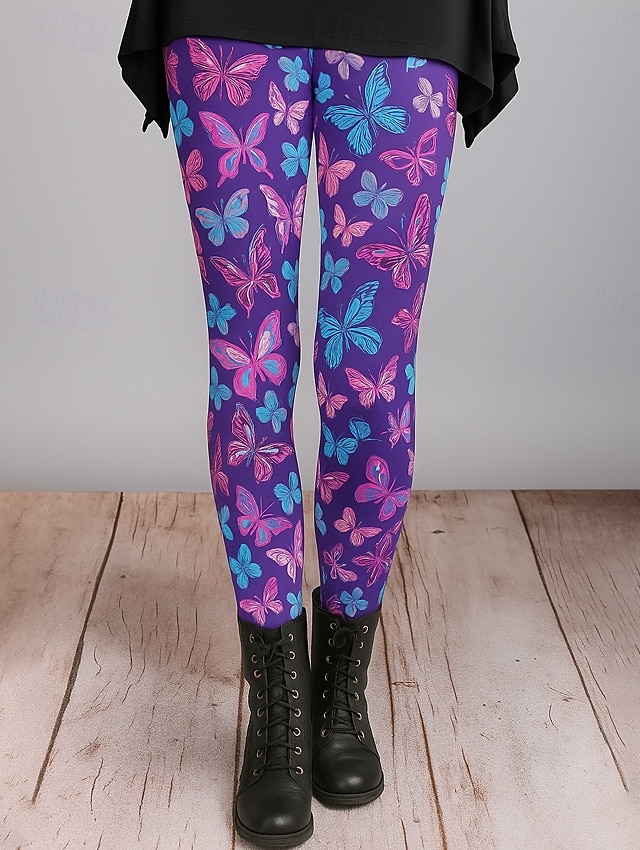 Dames Leggings Vakantie Vintage Etnische stijl Volledige lengte Hoge taille Grafisch Vlinder 3D-afdrukken Sneldrogend Ademend Zacht Rekbaar Buiten Huis Causaal Donker paars Zwart Paars Herfst Mager 2025 - $19.99 –P4