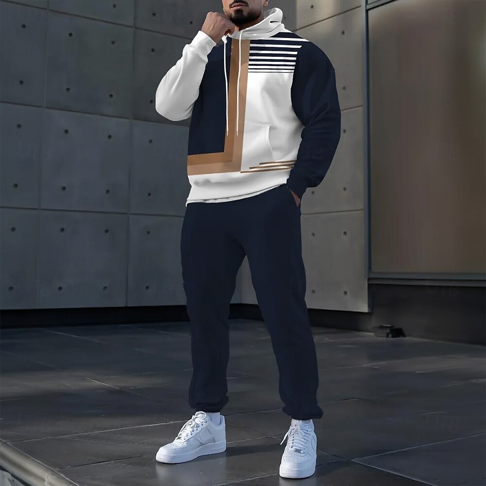 Men's Geometric Color Block 2pcs 3D Sweatshirt Sets Tracksuit Hoodie Sweatshirt Long Sleeve Long pants Hooded Casual Daily Modern Athleisure 3D Print Spring Fall Winter White 2025 - $39.99 –P1