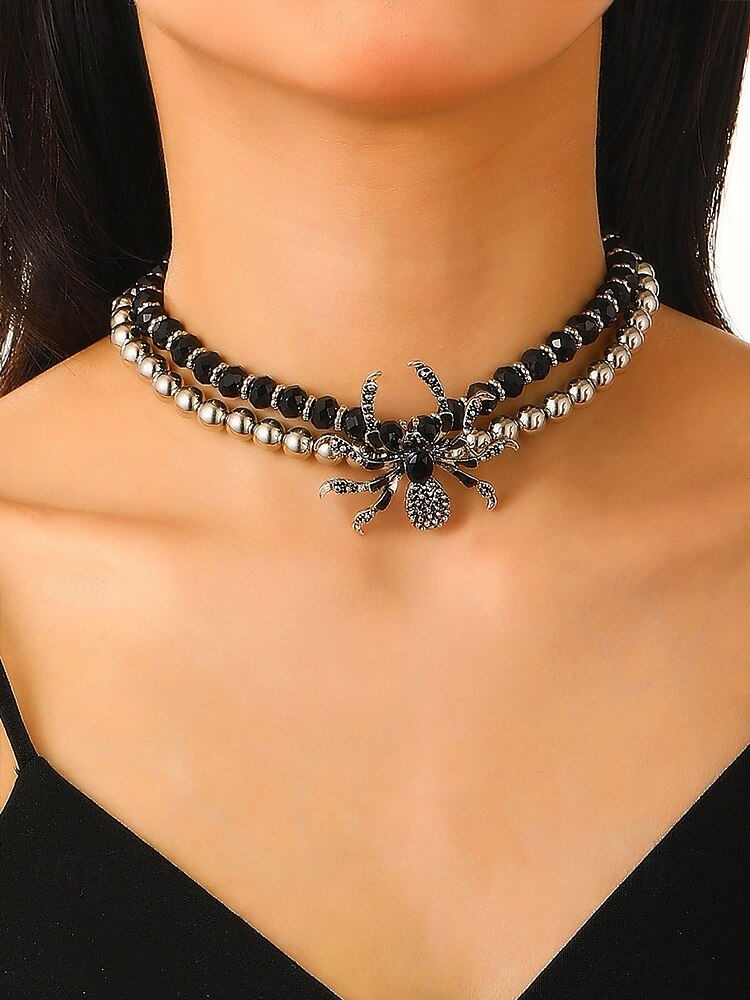 2025年 女性用ハロウィンスパイダージュエリーセット - ゴシックビーズチョーカー、調節可能なブレスレットとステートメントリング、コスチュームパーティー、コスプレ、不気味な夜のお出かけに最適な合金ラインストーンデザイン  コレクション – $14.99 –P3