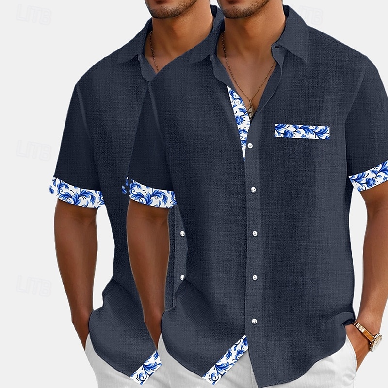 Hombre Camisa Camisa de lino Camisa de verano Camisa de playa Abotonar la camisa Flores Vacaciones Festivos Blanco + Rosa Blanco+Azul Marino Rosa + Azul Marino Azul+Azul Marino Manga Corta Cuello 2025 - $27.99 –P10