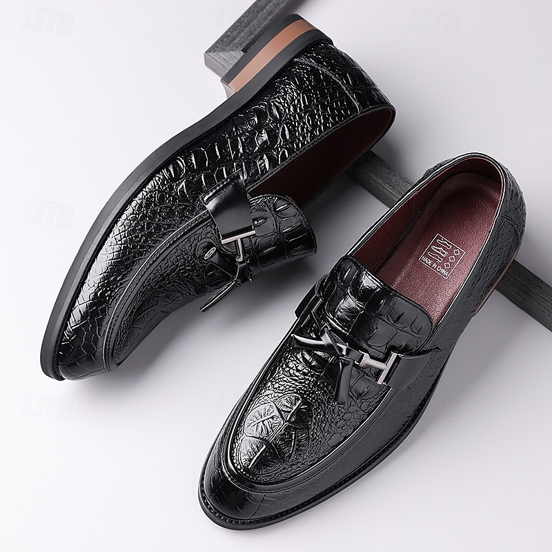 Miesten ruskeat krokotiilikuvioiset keinonahkaiset tupsukoristeiset loaferit – kiiltävät slip-on-pukukengät varttuneemmille herrasmiehille, liikelounaille ja virallisiin tilaisuuksiin 2025 - $46.99 –P9