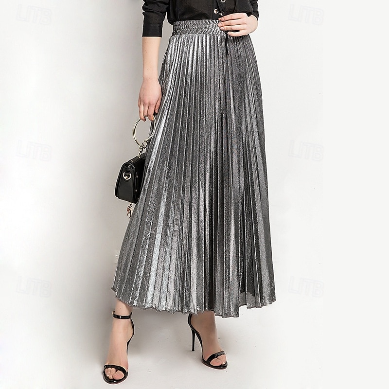Femmes Jupe Mode Occasionnel Maxi Taille haute Jupes Uni Plissé Micro-Élastique Décontracté Quotidien Week-end Argent Noir Dorée Rouge Été Polyester de 2025 ? $19.99 –P11