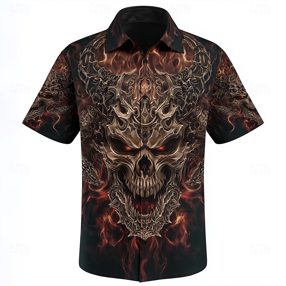 Men's Devil Flame Shirt Cuban Collar Shirt Button Up Shirt Short Sleeve Dark Punk Gothic Style Vacation Holiday Streetwear Summer Camp Collar Shirt 3D Print Black 1 Black Black 2 2025 - $23.99 –P2