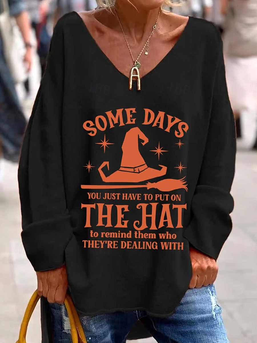Halloween Damen T Shirt Grafik Buchstabe Hexe Elegant Mode Lässig Langarm V Ausschnitt Normale Oberteile Täglich Wochenende Druck Schwarz Purpur Orange Grün Grau Frühling Herbst 2025 - $27.99 –P5
