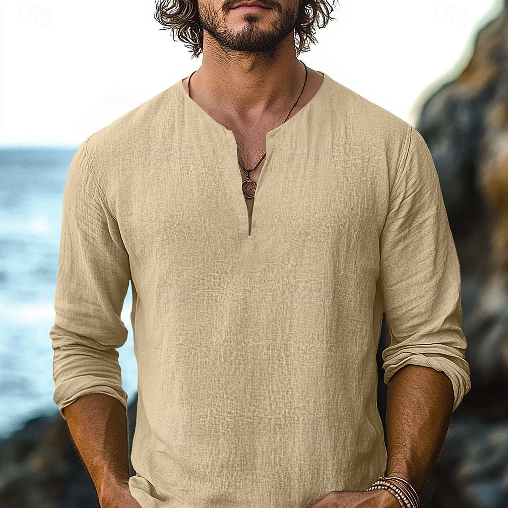 Herren Hemd Leinenhemd Sommerhemd Strandhemd Einfarbig Urlaub Lässig Schwarz Weiß Grün Khaki Langarm V Ausschnitt Sommer Frühling Bekleidung Basic 2025 - $20.99 –P6