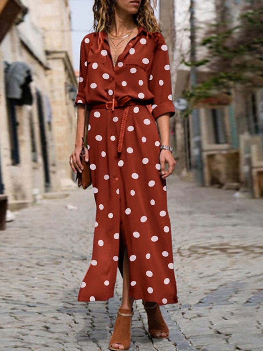 Femmes Robe maxi Robe fourreau Vacances Occasionnel Quotidien Coupe régulière À pois manche longue Col de chemise Vert militaire Noir Rouge Bleu Été Printemps de 2025 ? $26.99 –P2