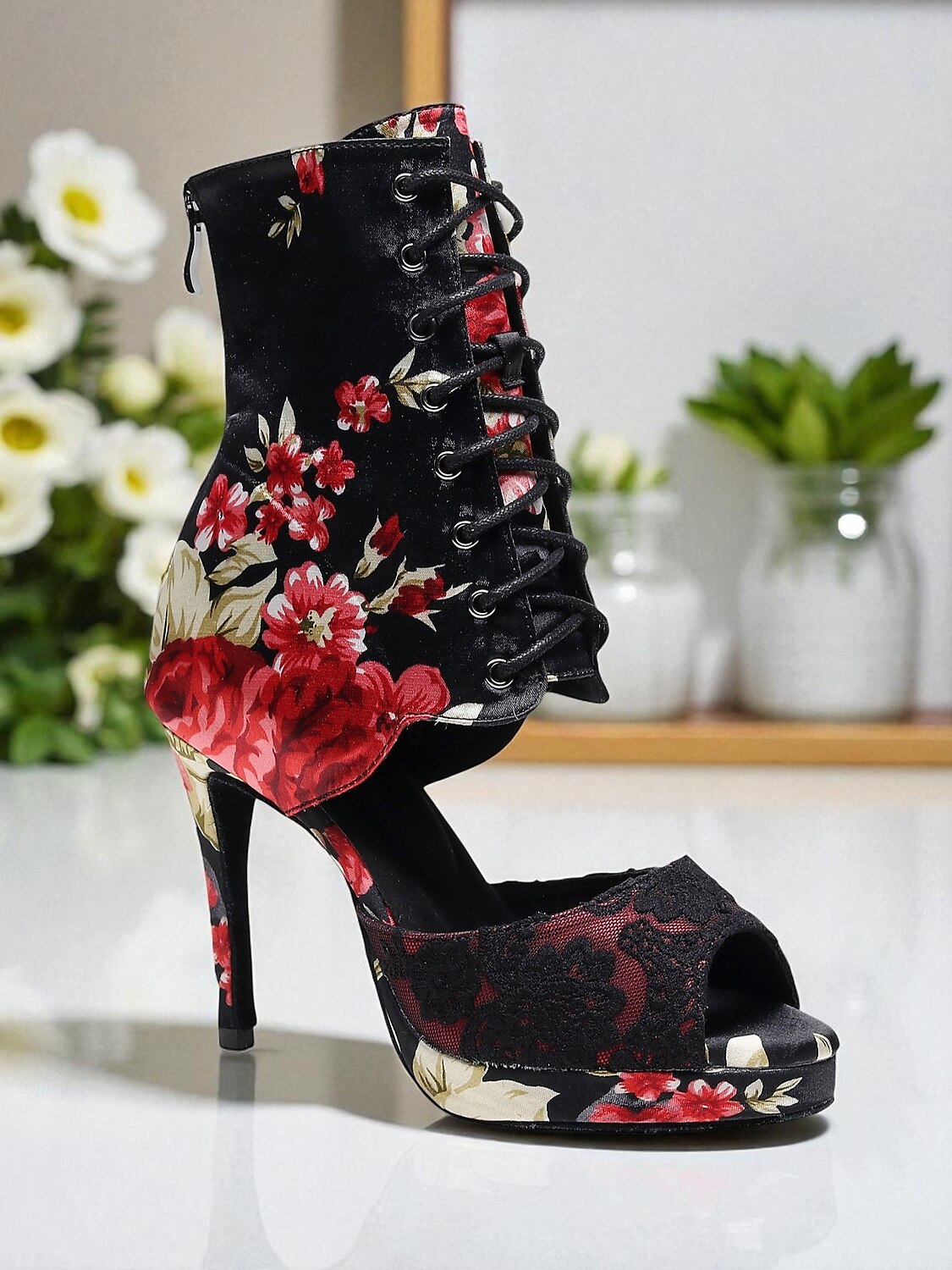 Bottes de danse florales pour femmes - Chaussures de danse latine professionnelles à talons hauts et bout ouvert en satin avec imprimé rose élégant, idéales pour la salsa, le tango et les spectacles de 2025 ? $64.99 –P3