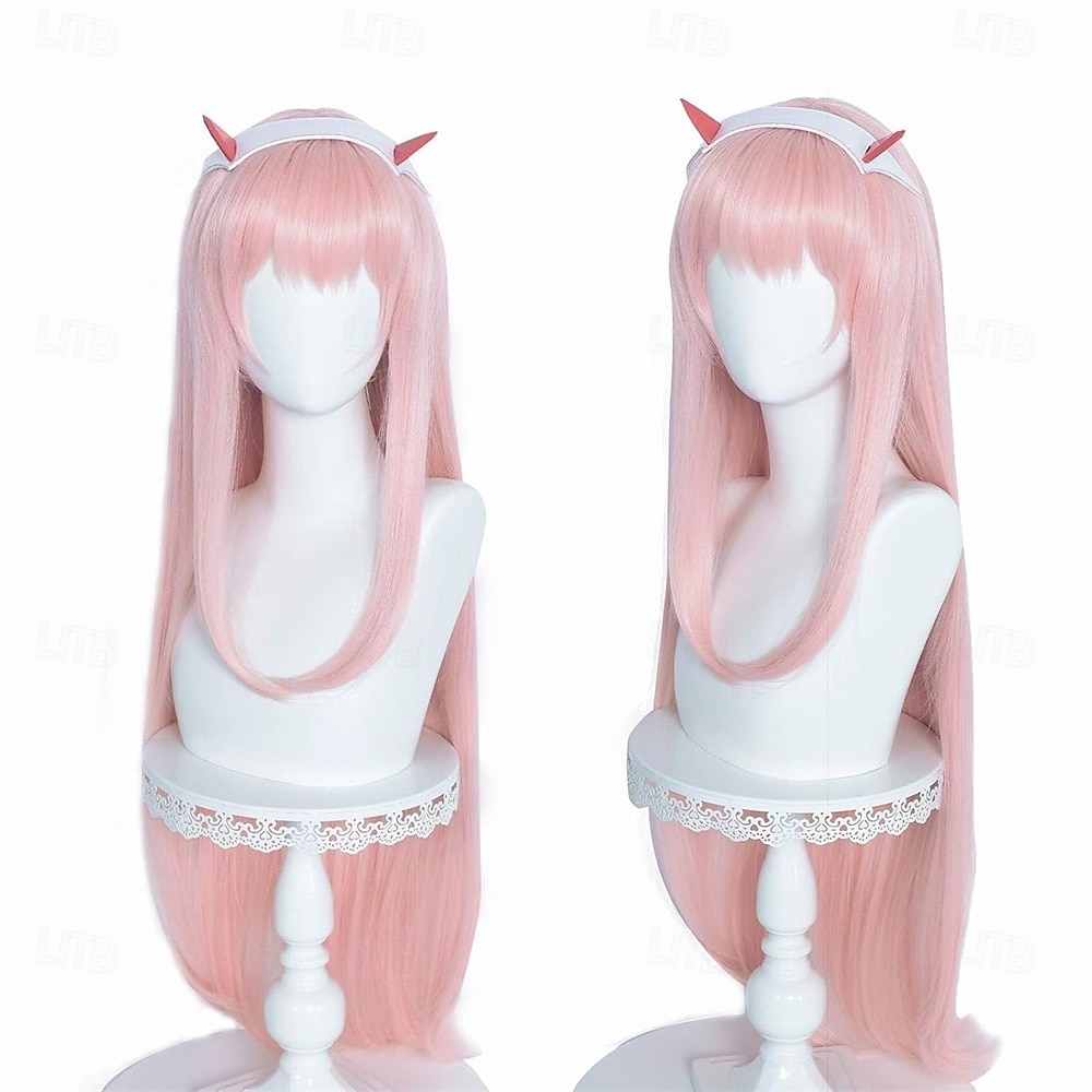 Perruque rose pastel longue et raide pour femme, cosplay anime Zero Two 02, avec corne, 99 cm de 2025 ? $26.99 –P4