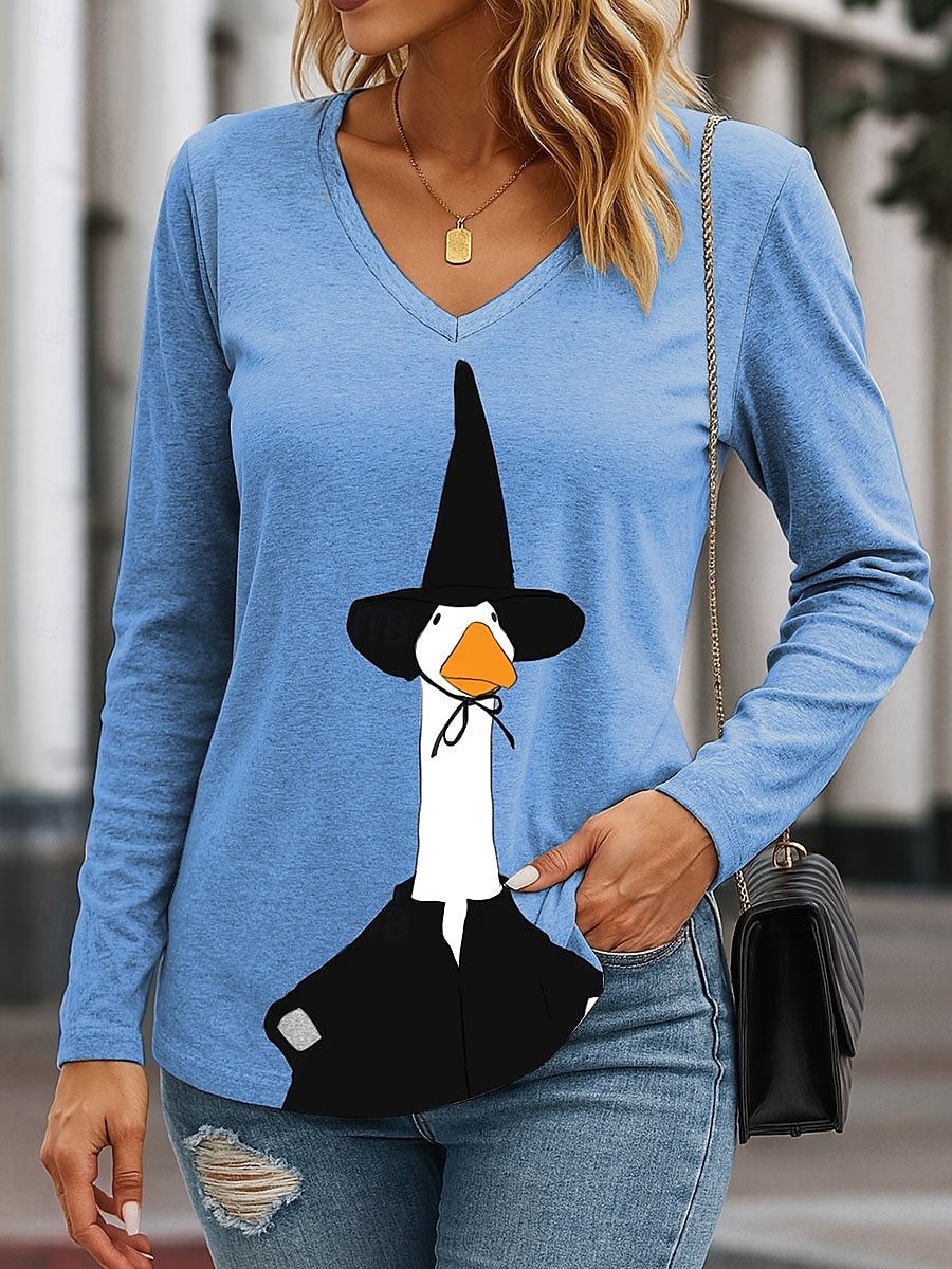 Halloween Femmes T-shirt Graphique Halloween Canard Élégant ancien Western manche longue Col en V Hauts Réguliers Quotidien Sortir Week-end Imprimé Bleu Violet Vert Kaki Printemps Automne de 2025 ? $22.99 –P2