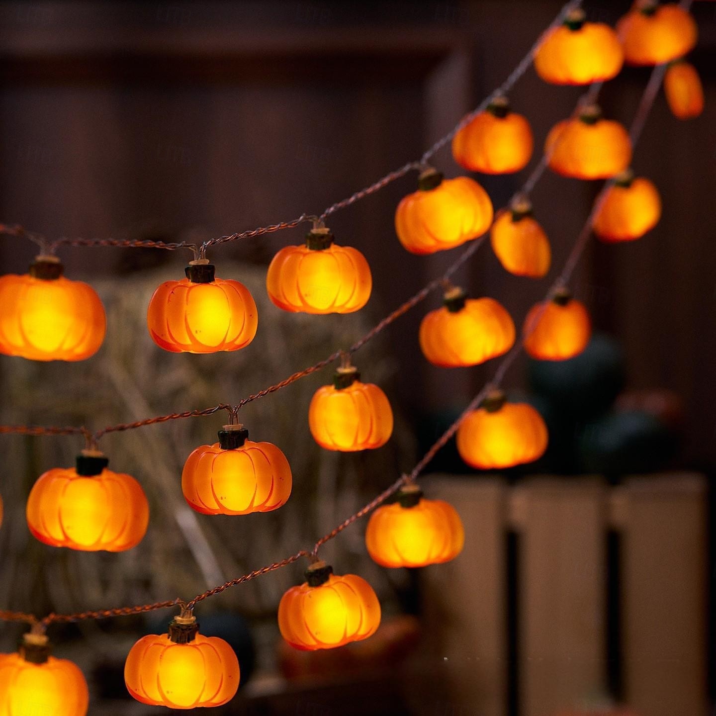 Luminițe cu LED-uri de dovleac cu frunze de arțar șir de luminițe alimentate cu baterii, 1,5 m, 10 LED-uri, Halloween, felinar de dovleac cu frunze de arțar și ghindă, decorațiuni pentru balcon și 2025 - $30.99 –P4