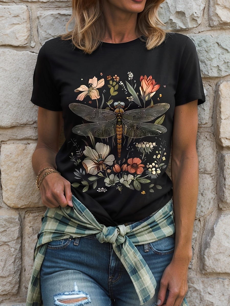 Femmes T-shirt Fleuri Graphique Libellule ancien Élégant Classique Manche Courte Col ras du cou Col rond Hauts Réguliers Quotidien Week-end Imprimé Noir Blanche Jaune Rose Claire Rouge Été Printemps de 2025 ? $19.99 –P1