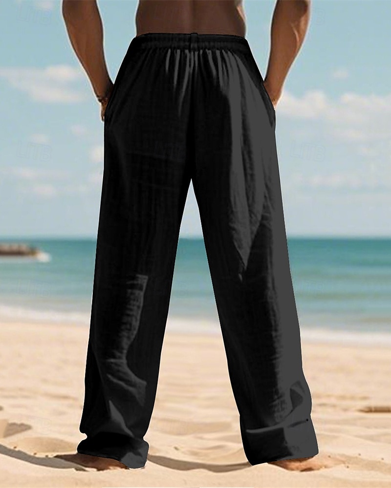 Men's Linen Pants Trousers Summer Pants Beach Pants Pocket Elastic Waist Drawstring Plain Comfort Breathable Vacation Daily Holiday Hawaiian Boho Dark Khaki Black 2025 - $18.99 –P8