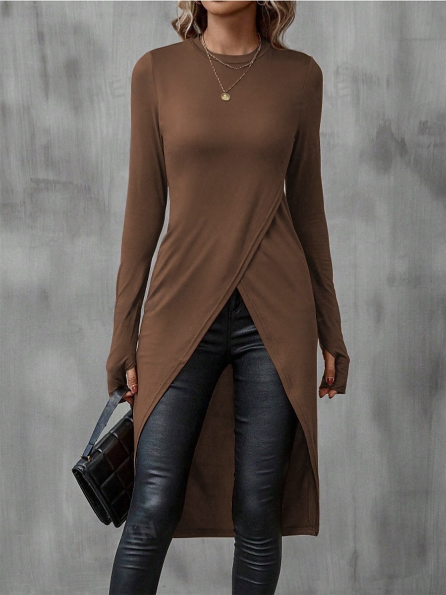 Damen Midikleid Etui-Kleid Wickelkleid Lässig Täglich Schlank Einfach Langarm Rundhalsausschnitt Schwarz Braun Sommer Frühling Herbst 2025 - $19.99 –P1