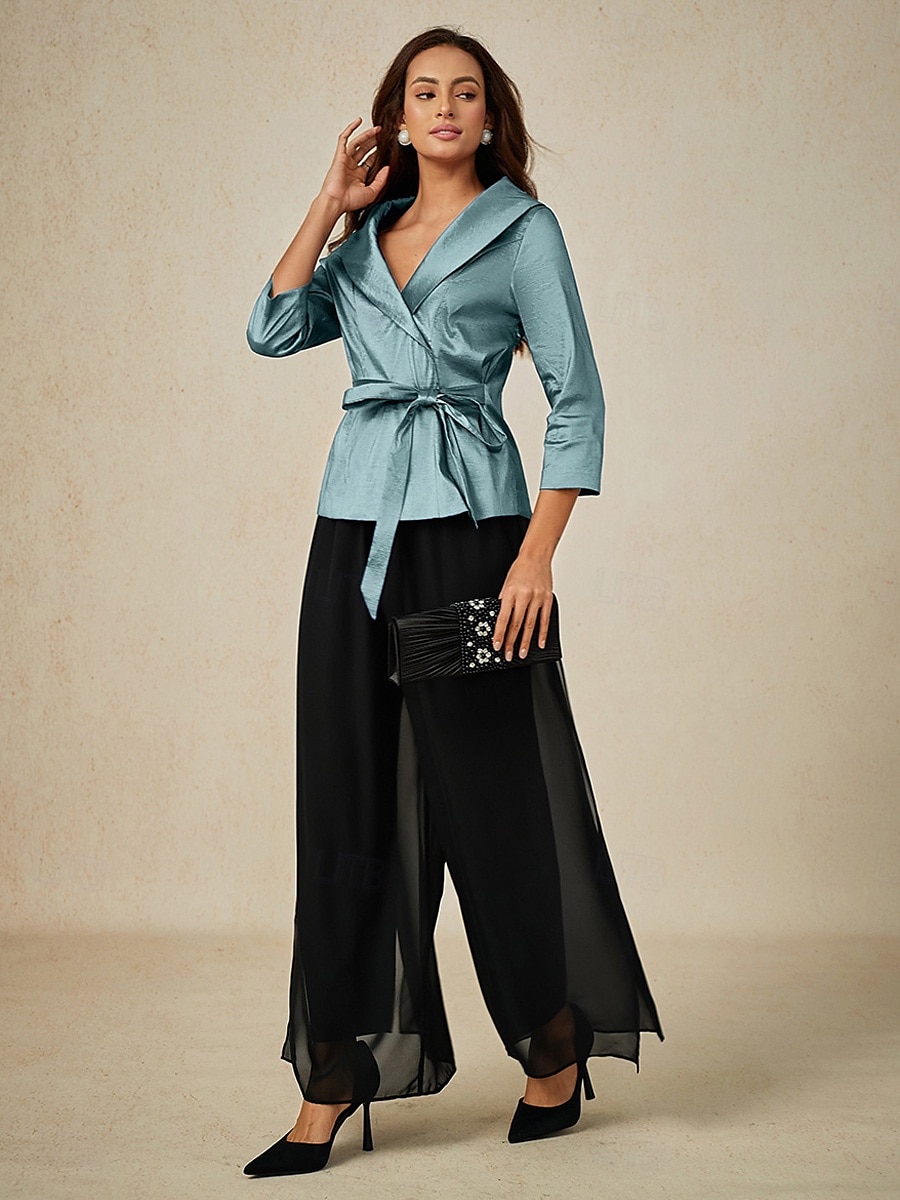 Femmes Chemisier Hauts de soirée Élégant Métallique Moderne Manche 3/4 Col en V Hauts Réguliers robe demoiselle d honneur Soirée Semi-Formel Nœud devant Bleu Poudré Printemps, Automne, Hiver, Été de 2025 ? $79.99 –P5
