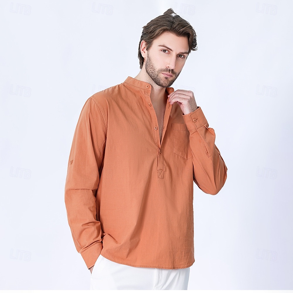 Voor heren Overhemd Zwart Wit Geel Rood Donker Marine Lange mouw Effen opa kraag School Formeel Kleding minimalistische 2025 - $23.99 –P14