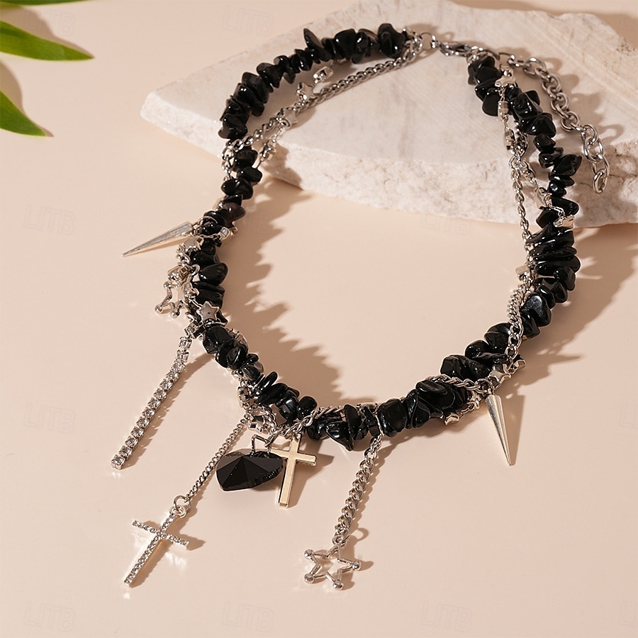 Collana girocollo in pietra nera punk gotica da donna con ciondoli a forma di croce, cuore e stella - gioiello importante per feste, discoteche e serate fuori del 2025 a $14.99 –P5