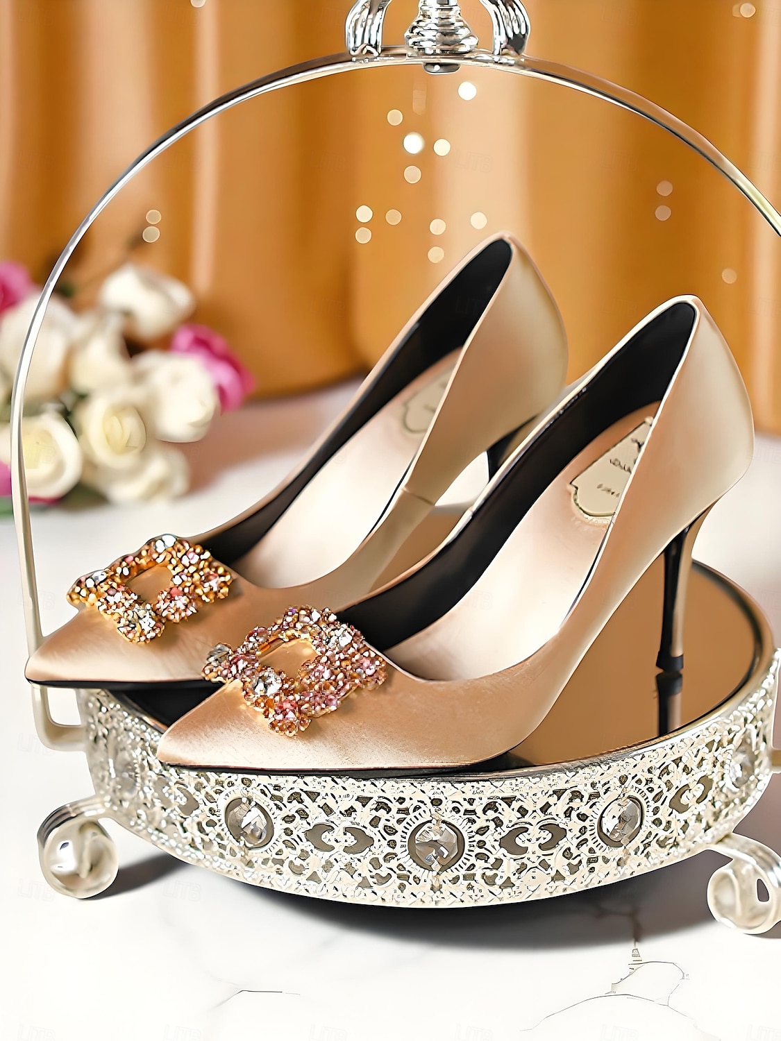 Tocuri înalte cu vârful ascuțit din satin auriu pentru femei - pantofi eleganți cu cataramă cu strasuri pentru cocktailuri și evenimente de seară 2026 - $69.99 –P4